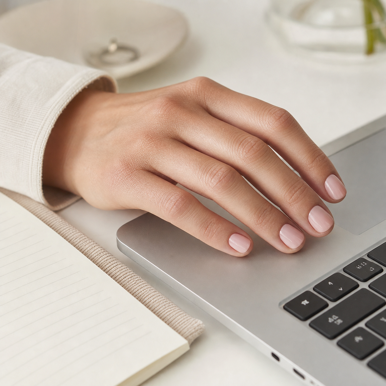 extra short press on nails shown in a practical desk-ready everyday look