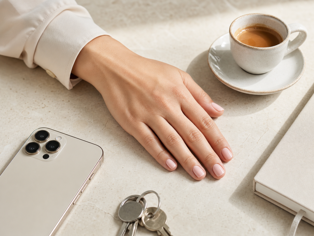 extra short press on nails in a soft nude pink everyday editorial style