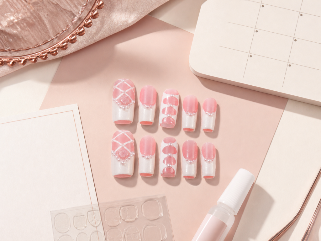 how long do press on nails last with glue tabs and a soft pink pearl press on set