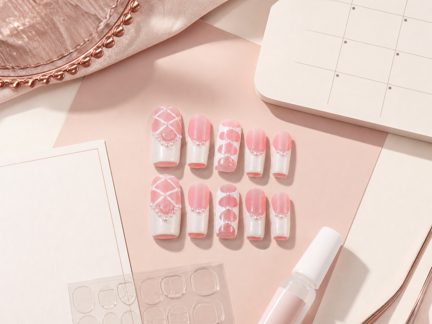how long do press on nails last with glue tabs and a soft pink pearl press on set