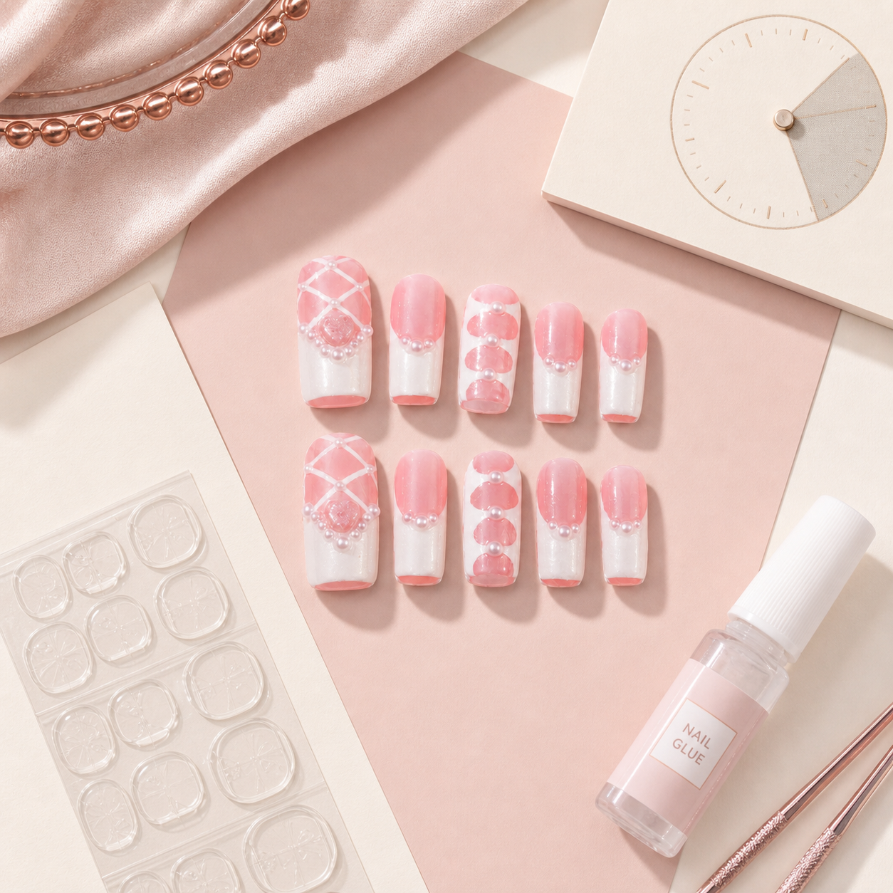 how long do press on nails last with adhesive tabs versus glue on a pink pearl press on set