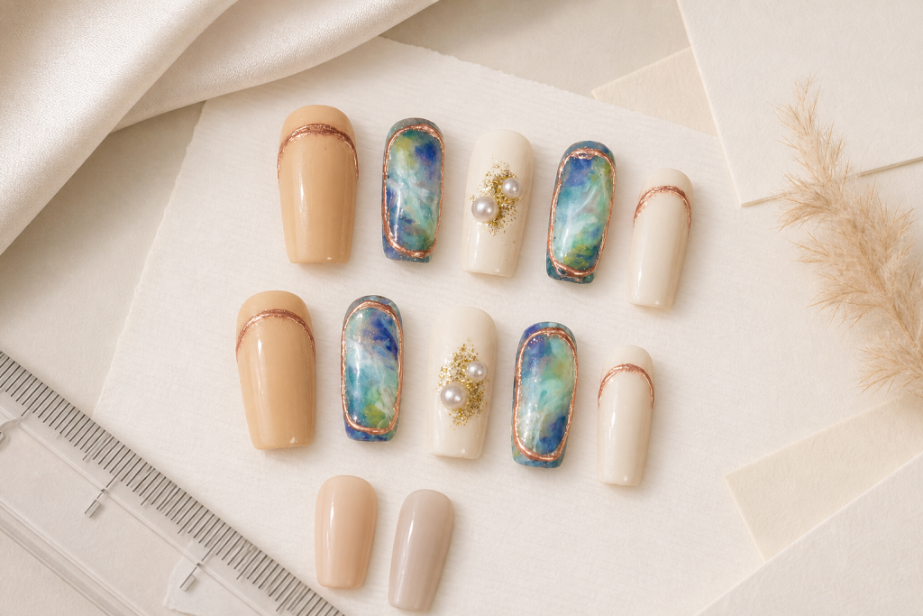 press on nails for small nail beds with a fit-first editorial flatlay and a lower-profile pearl set