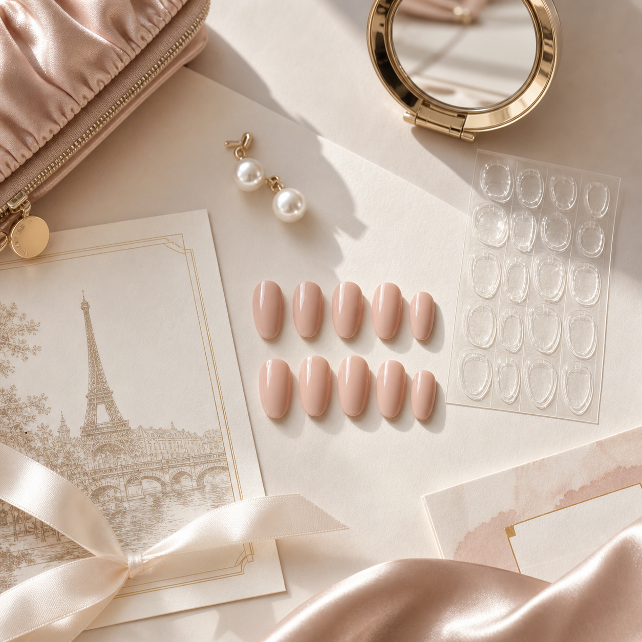 press on nails with adhesive tabs for short wear with neutral nails and event essentials