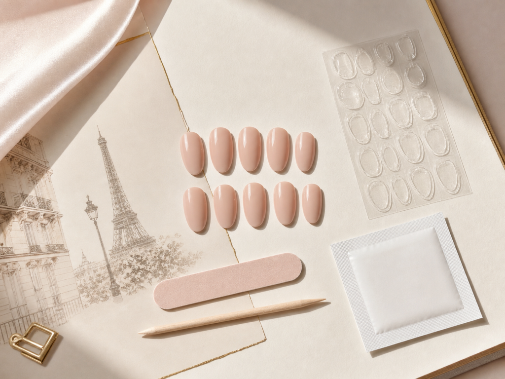 press on nails with adhesive tabs styled with short neutral nails and prep essentials