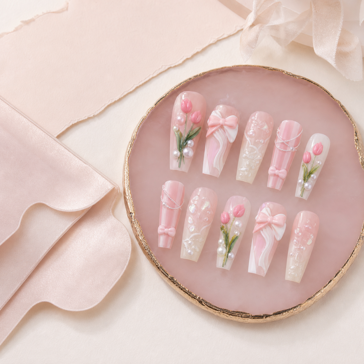 reusable press on nails in Tulip Serenade style with bows tulips and pearl accents