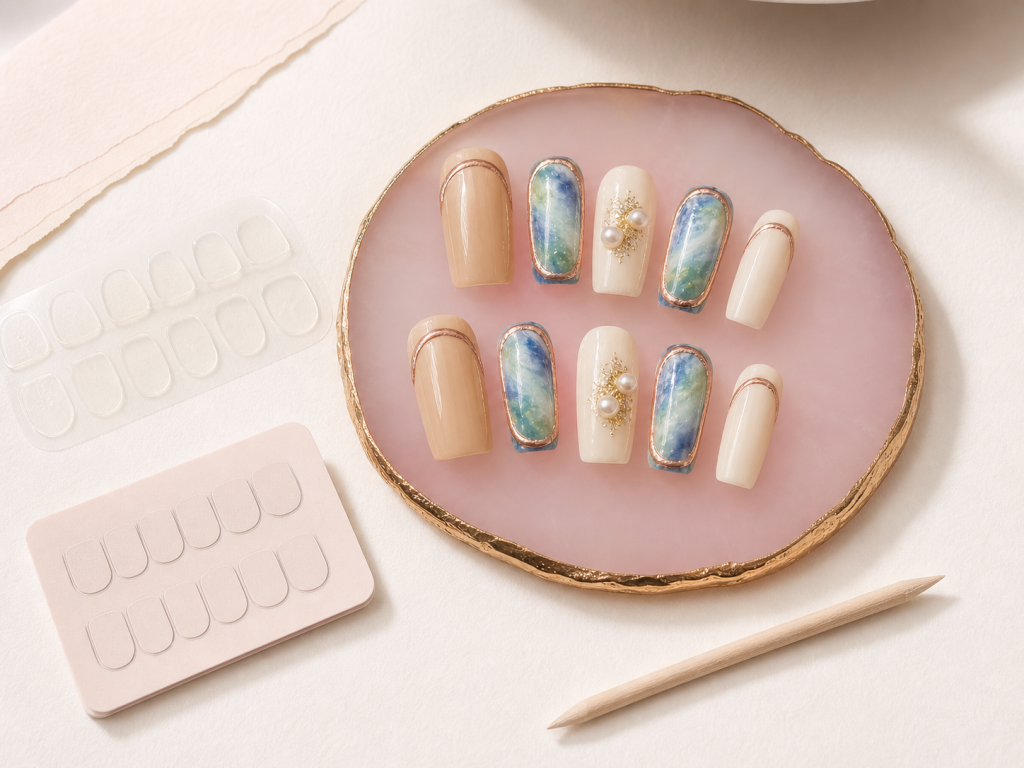 reusable press on nails with granite panels pearl accents and soft ivory tones