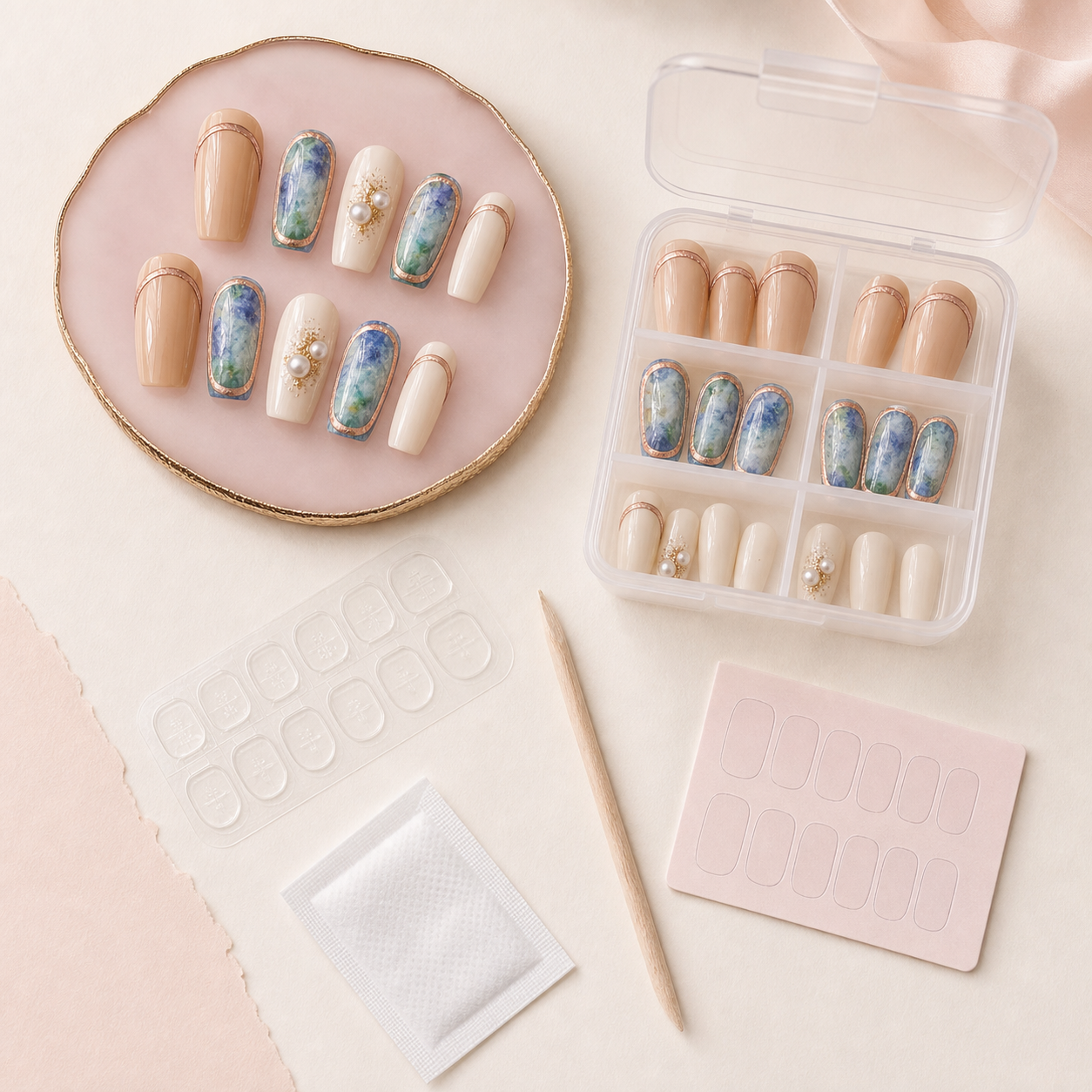 reusable press on nails stored with tabs cuticle stick and a labeled case