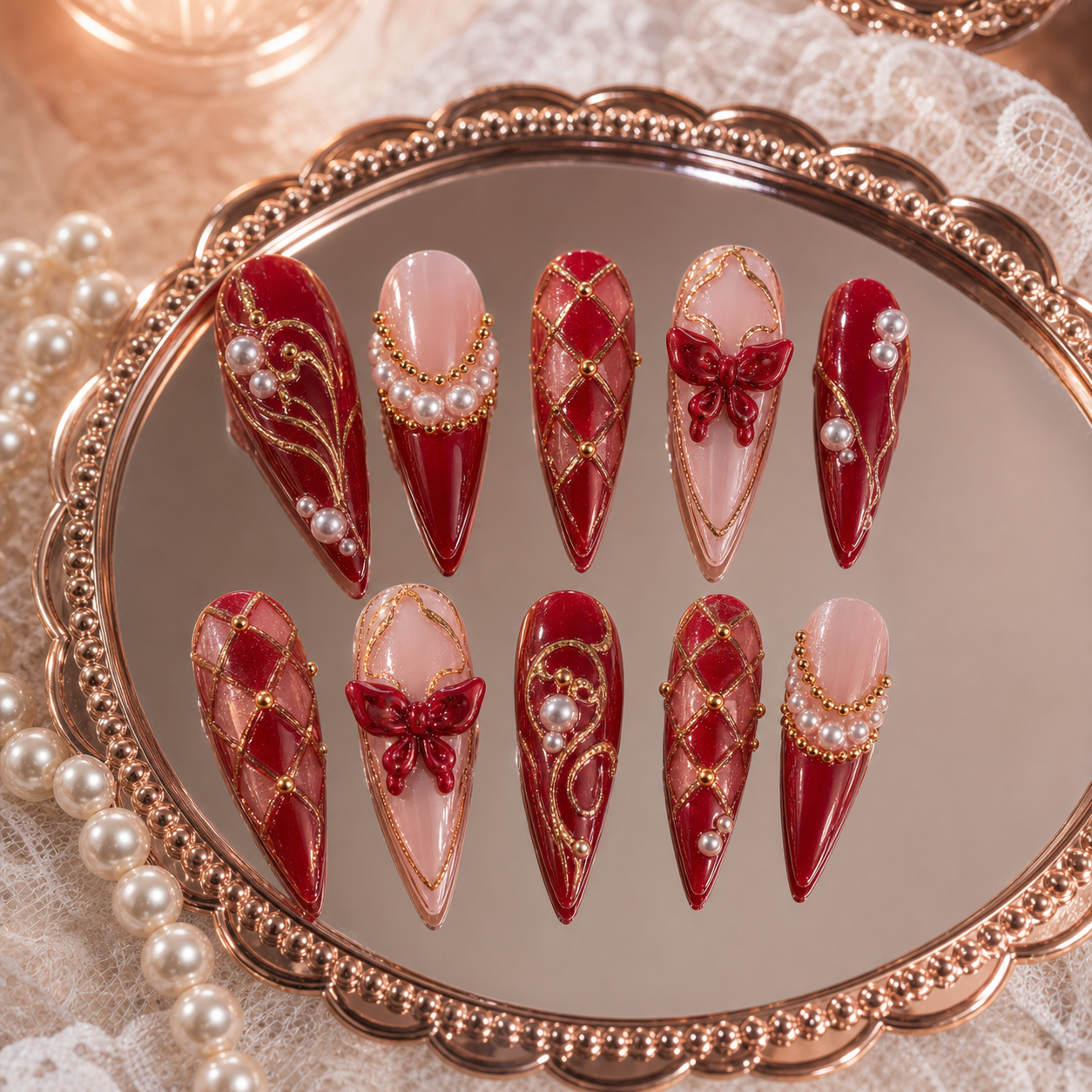 wedding press on nails in Secret Garden Elegance style with red bows pearls and gold lines