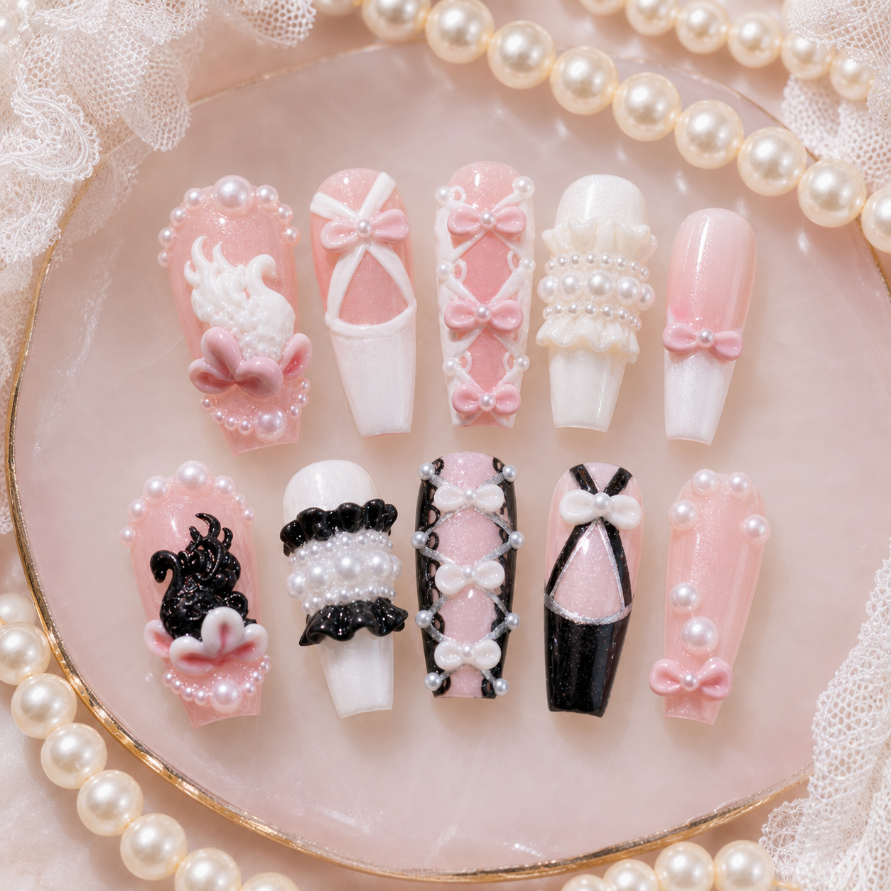 wedding press on nails in Swan Lake Ballerina style with pearl bows and soft pink panels