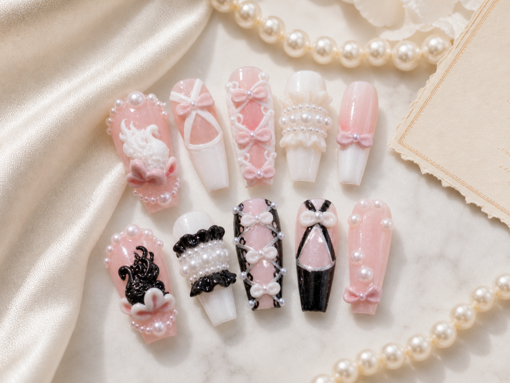 wedding press on nails with pearl bows and soft pink bridal details